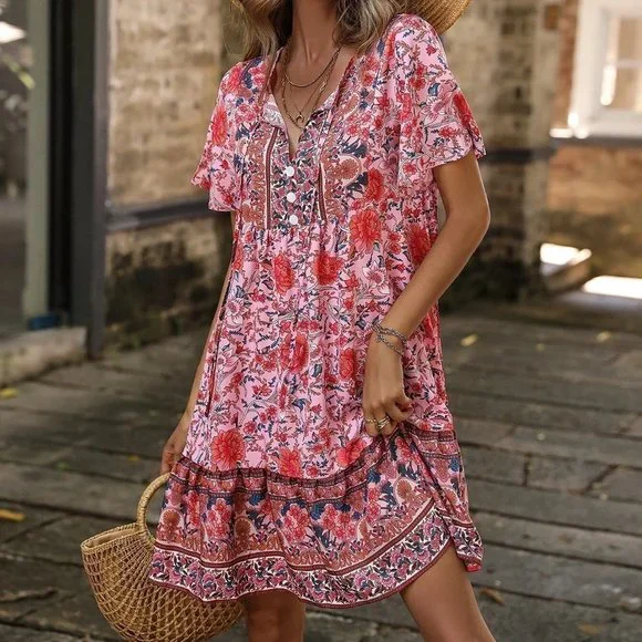 Boho Floral Print Tie Neck Smock Mini Dress - Picture 4 of 5